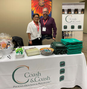 Image of Cristina and Jerry Coash representing Coash & Coash, a Phoenix company that gives back, at the 2021 MCBA Paralegal Conference.